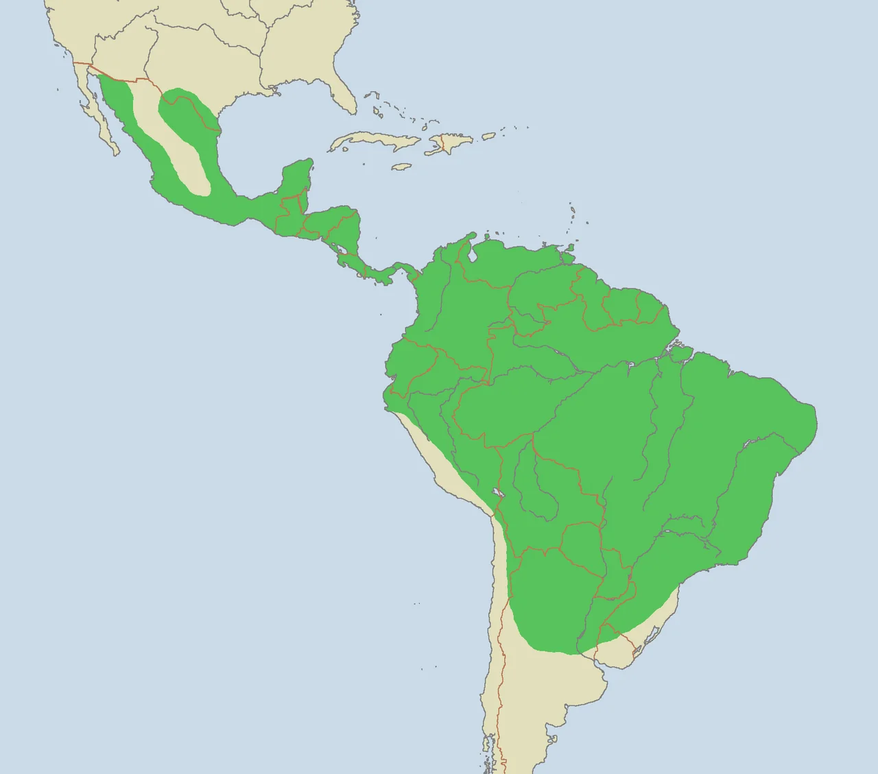 Mapa de referencia de distribución del ocelote